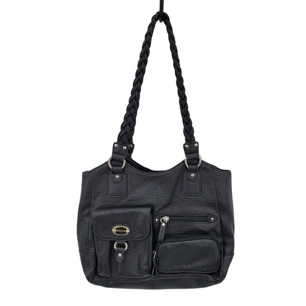 Black Braided Handle Vegan Faux Leather‎ Shoulder Bag Multiple Compartments